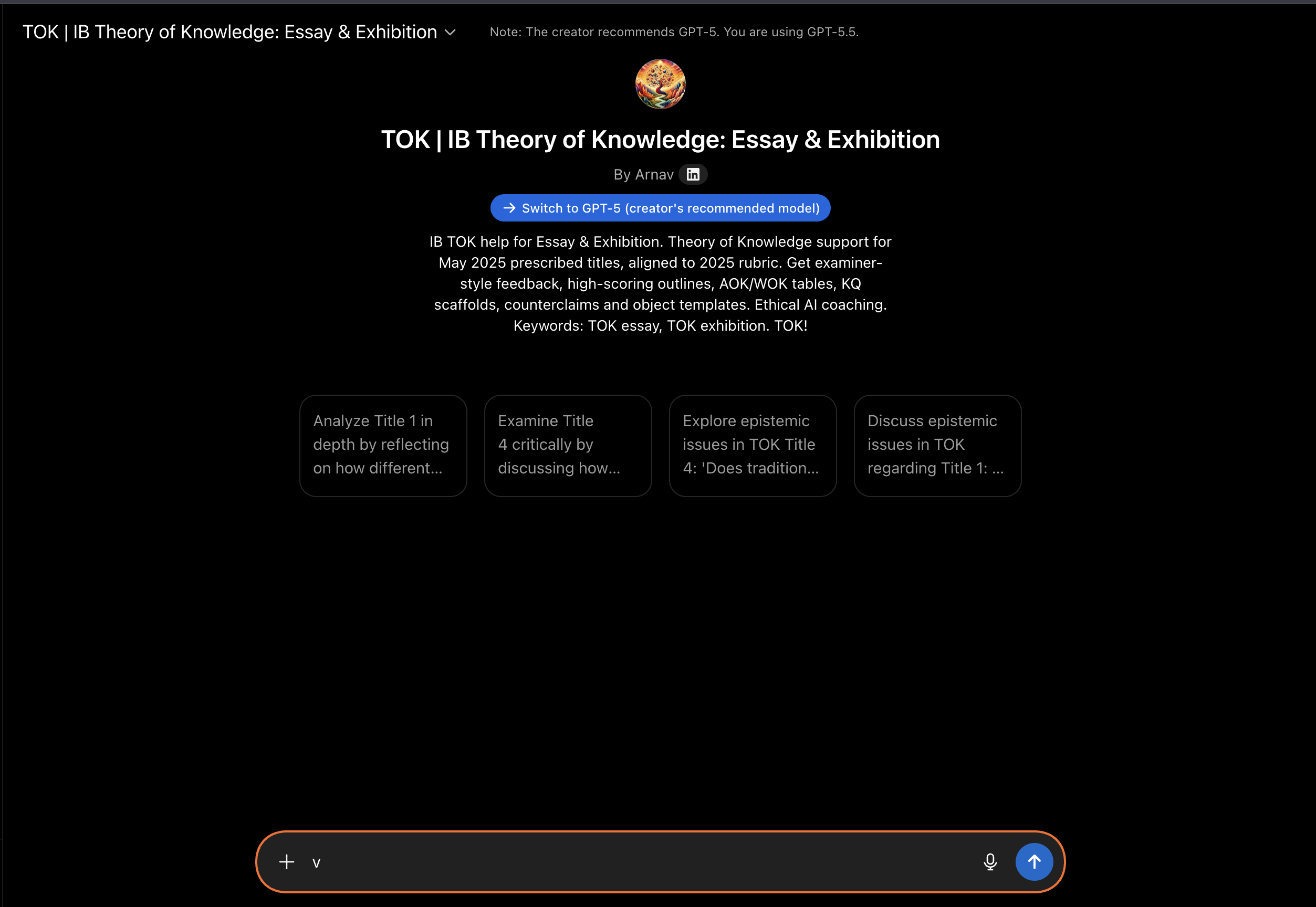 Public preview of the TOK IB Theory of Knowledge Essay and Exhibition GPT